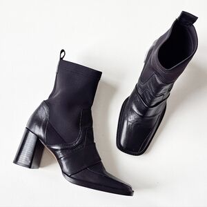 ASOS Black Leather Ankle Sock Boots Square Toe Block Heel Spain Made UK 7 US 9